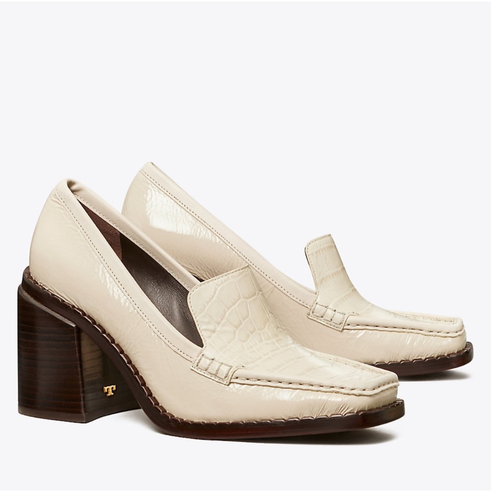 Tory Burch 70s Square Heeled Loafer 85mm Size 7.5 Cream W/dust bag